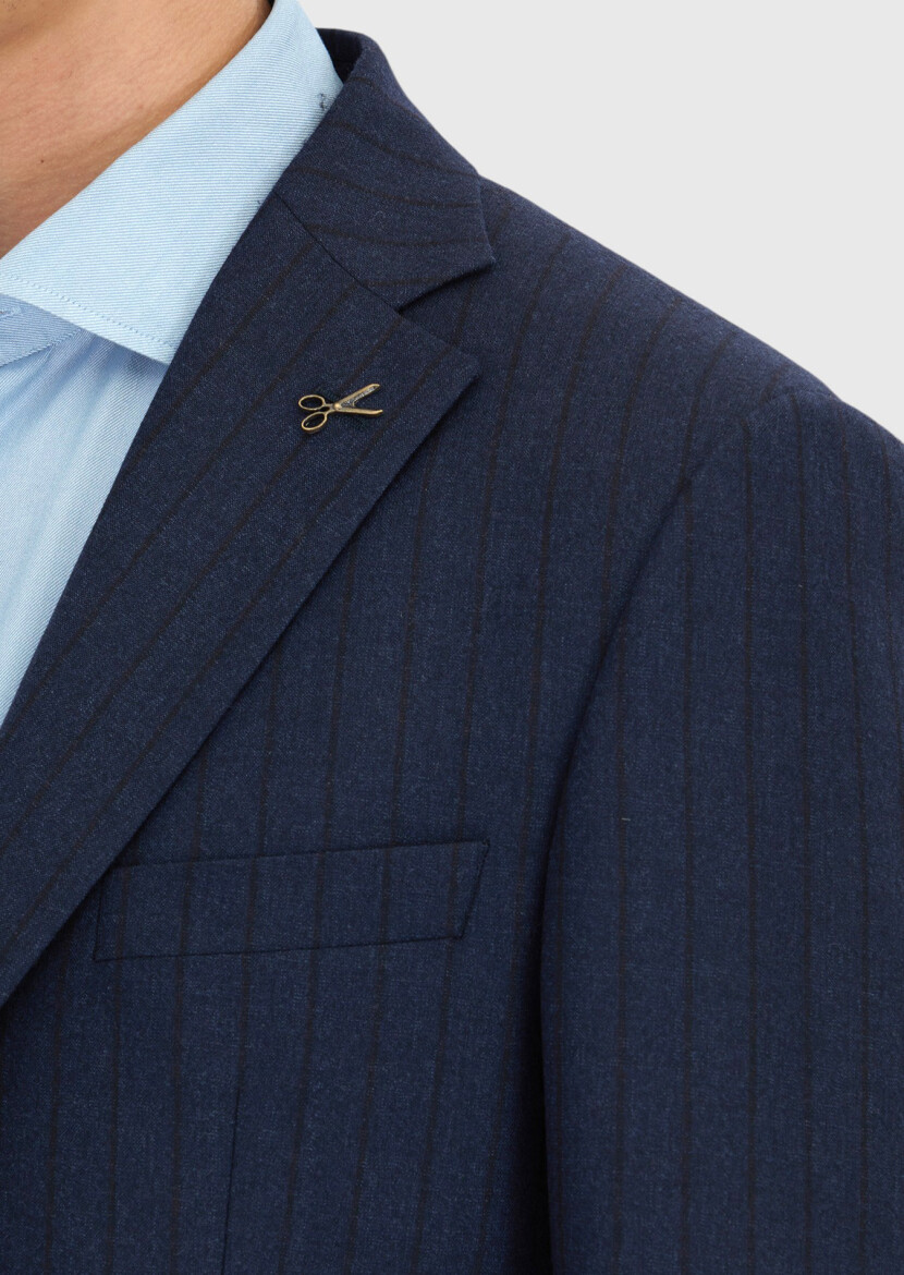 Navy Blue Striped Zeroweight Slim Fit 100% Wool Suit - 5