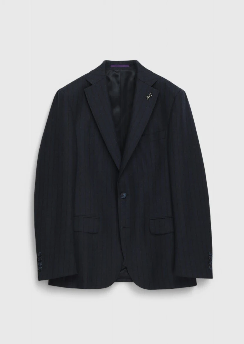 Navy Blue Striped Zeroweight Slim Fit 100% Wool Suit - 1