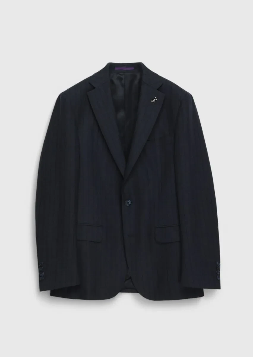 Navy Blue Striped Zeroweight Slim Fit 100% Wool Suit - 1