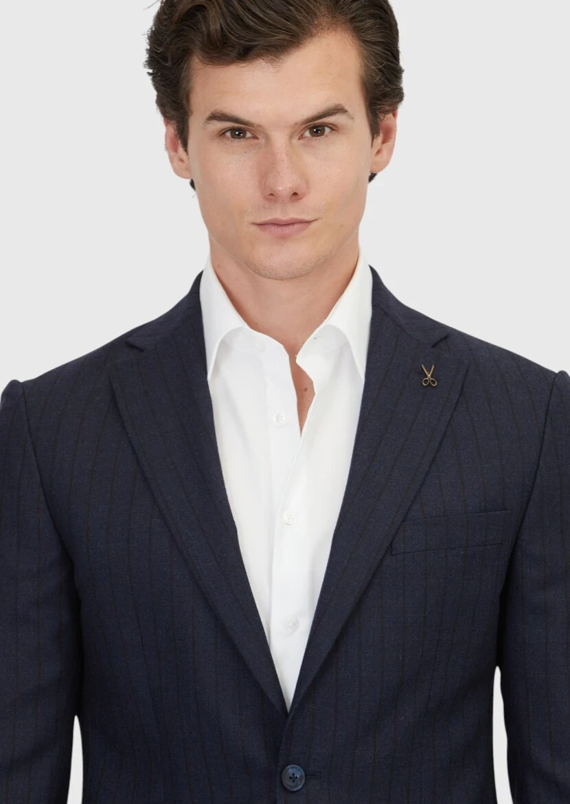 Navy Blue Striped Zeroweight Slim Fit 100% Wool Suit - 3