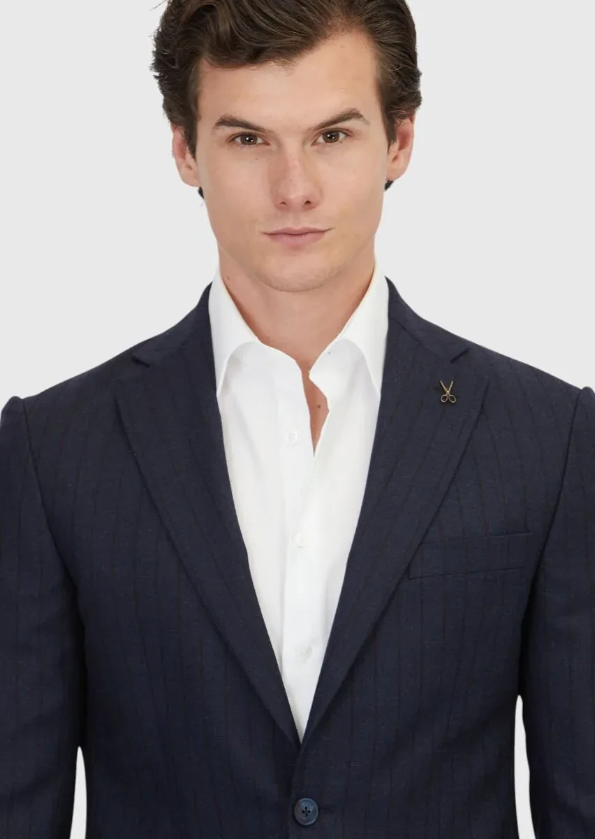 Navy Blue Striped Zeroweight Slim Fit 100% Wool Suit - 3