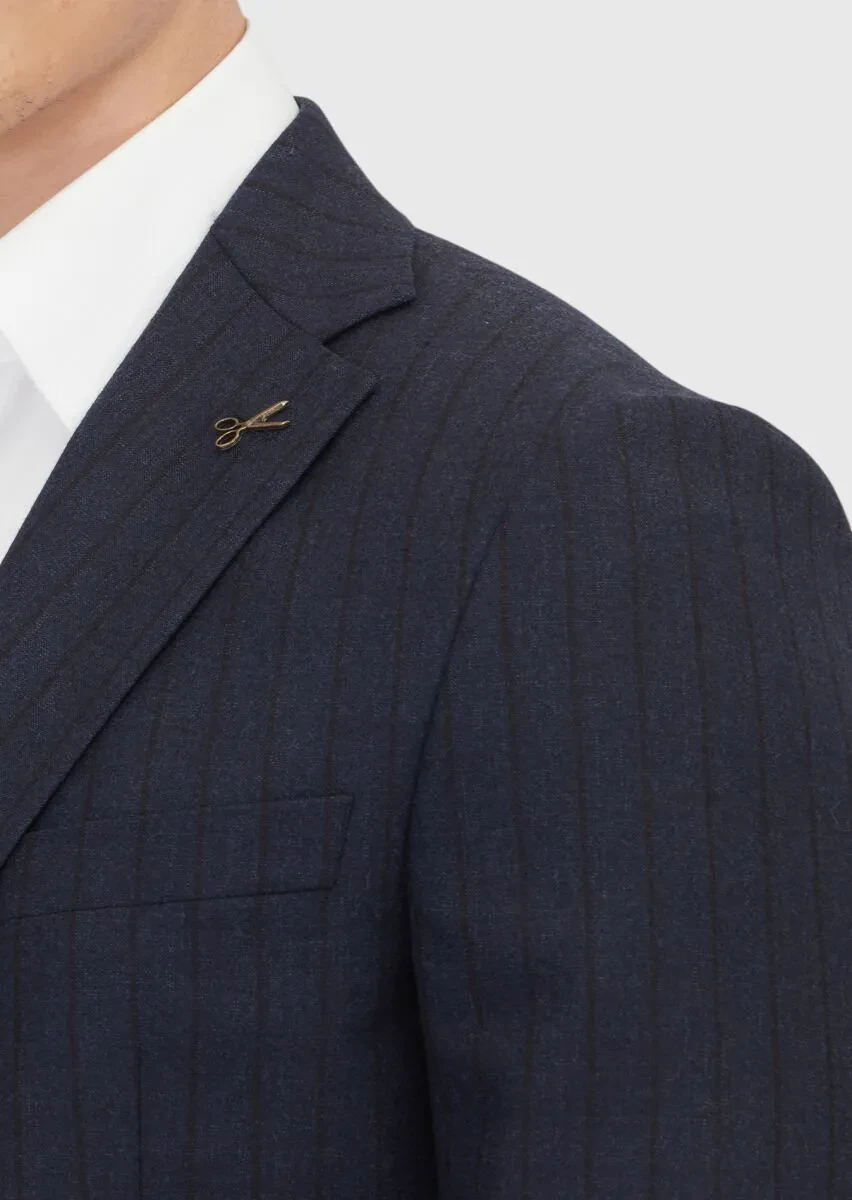 Navy Blue Striped Zeroweight Slim Fit 100% Wool Suit - 4