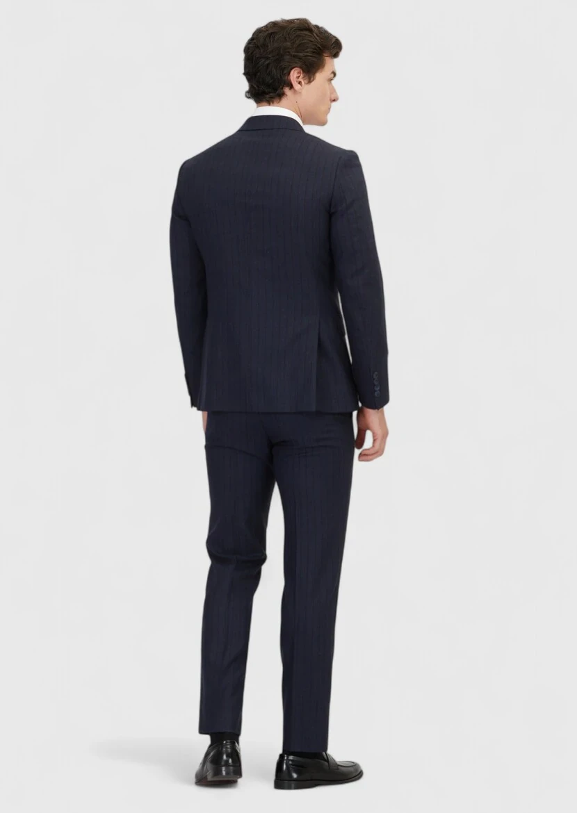 Navy Blue Striped Zeroweight Slim Fit 100% Wool Suit - 6