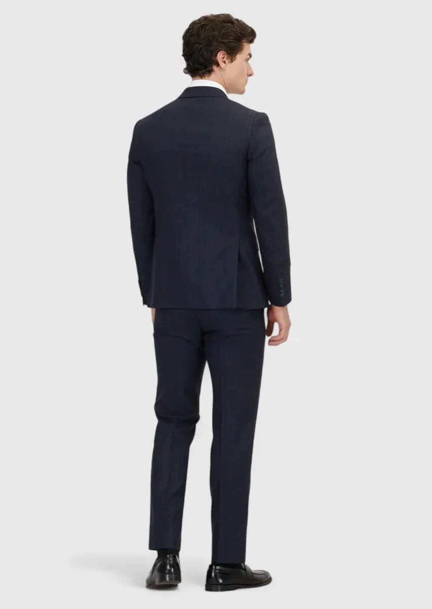 Navy Blue Striped Zeroweight Slim Fit 100% Wool Suit - 6