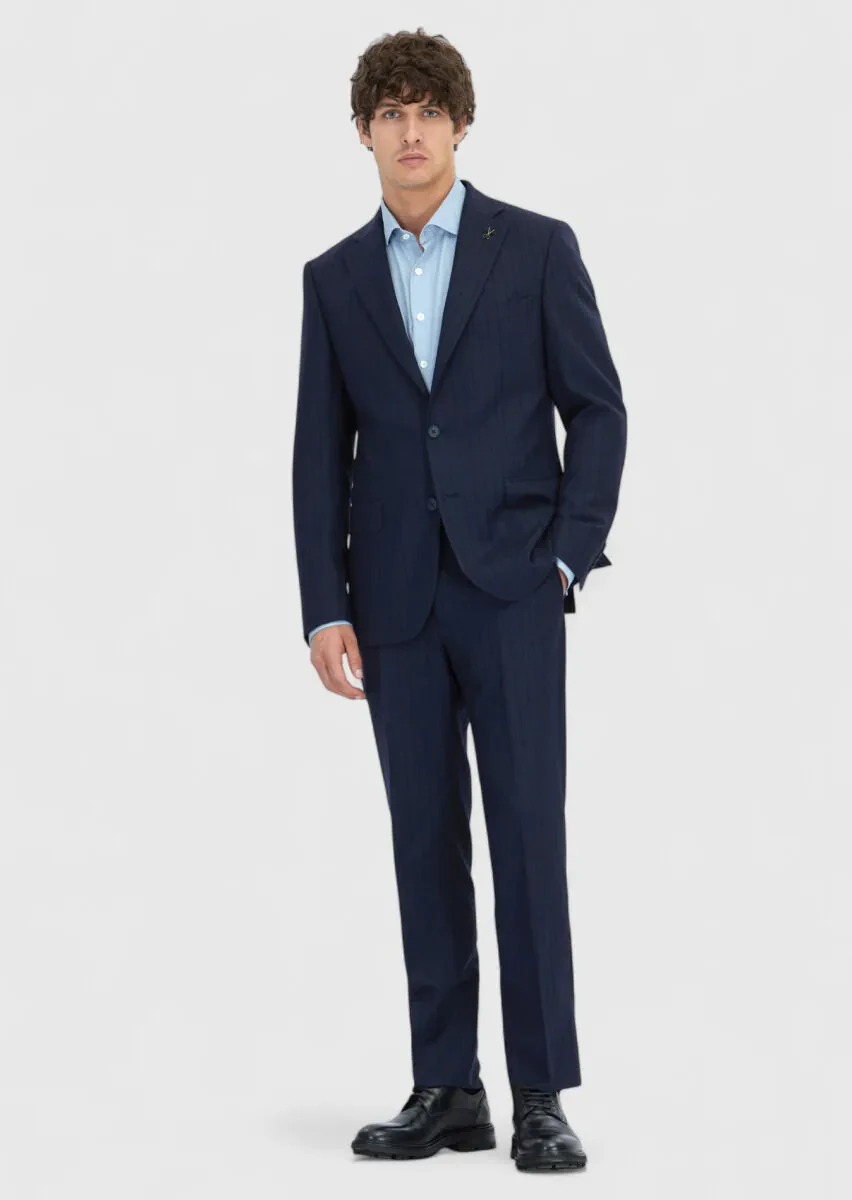 Navy Blue Striped Zeroweight Slim Fit 100% Wool Suit - 2