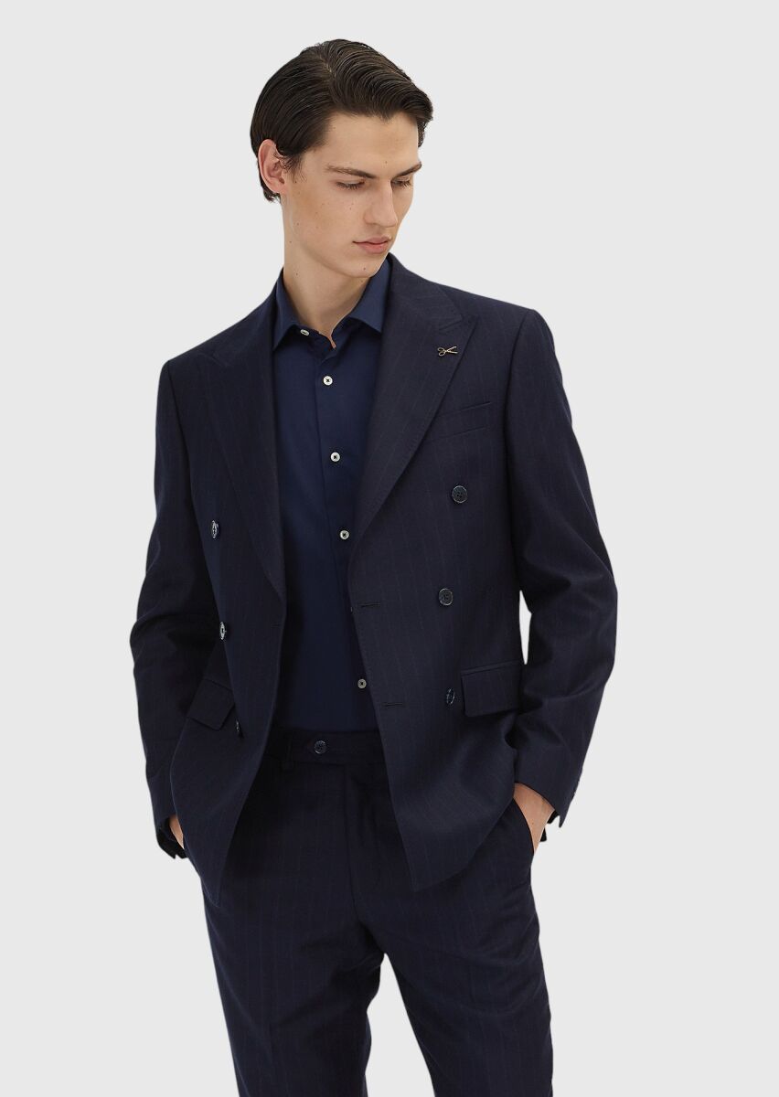 Navy Blue Striped Zeroweight Slim Fit 100% Wool Suit - 3