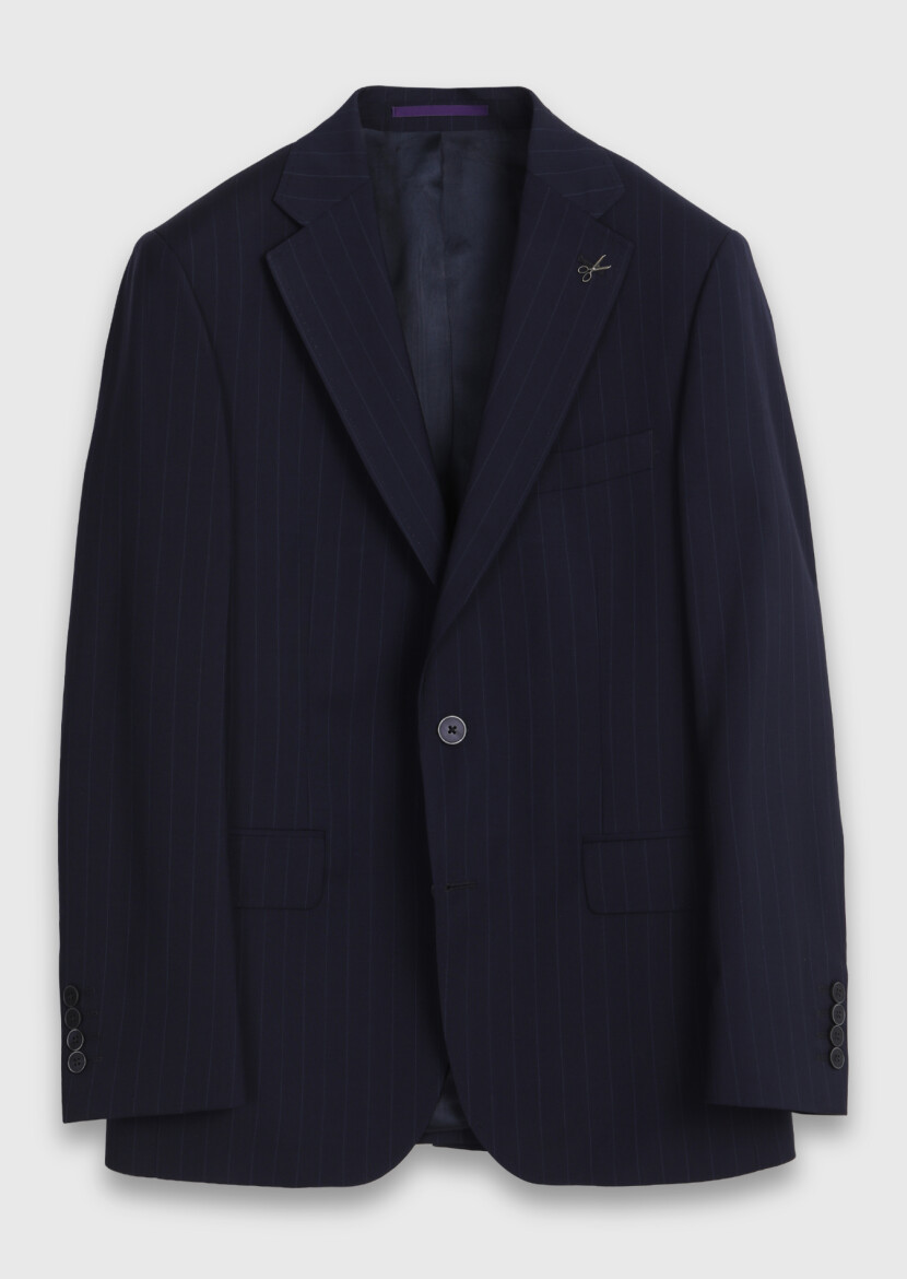 Navy Blue Striped Zeroweight Slim Fit 100% Wool Suit - 6