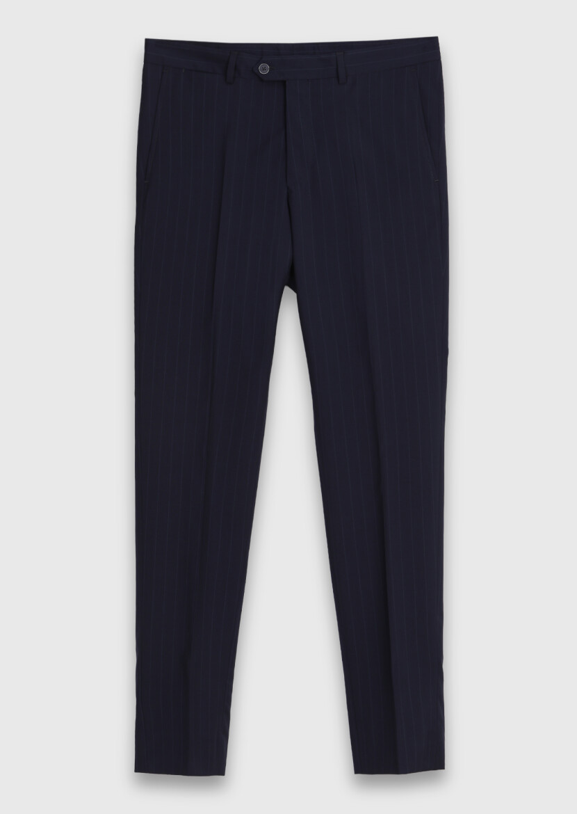 Navy Blue Striped Zeroweight Slim Fit 100% Wool Suit - 7