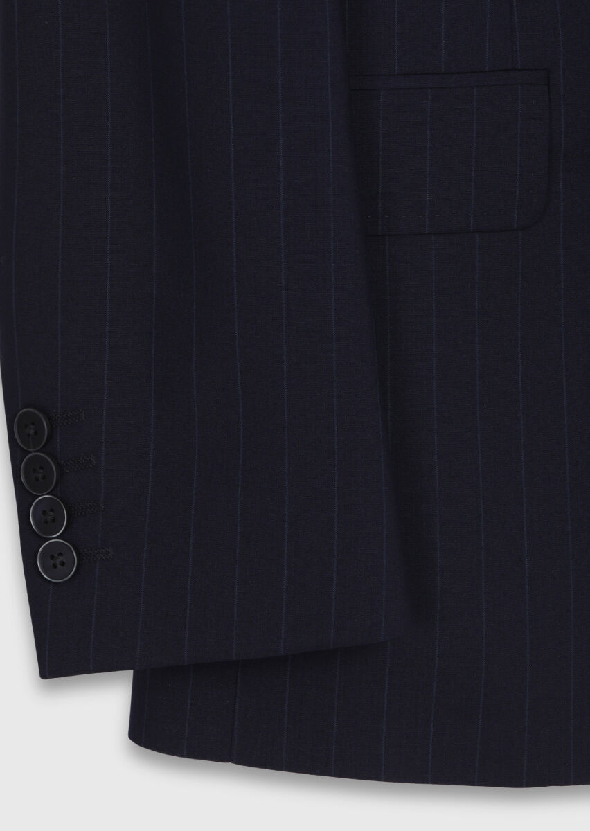 Navy Blue Striped Zeroweight Slim Fit 100% Wool Suit - 9