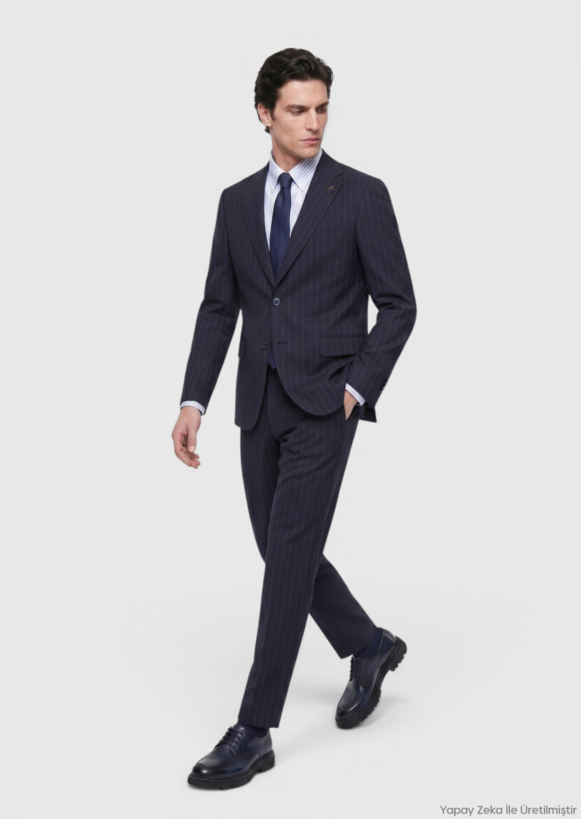 Navy Blue Striped Zeroweight Slim Fit 100% Wool Suit - RAMSEY