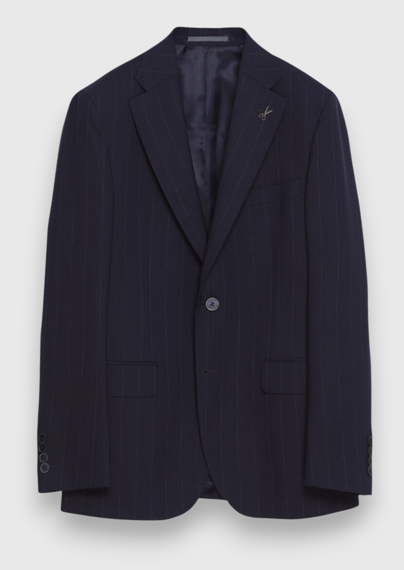 Navy Blue Striped Zeroweight Slim Fit 100% Wool Suit - 6