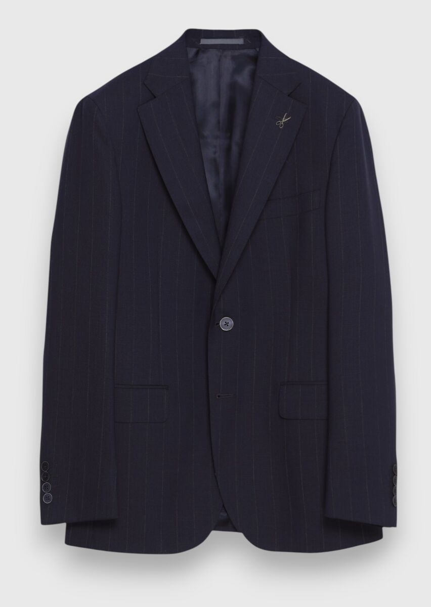 Navy Blue Striped Zeroweight Slim Fit 100% Wool Suit - 6