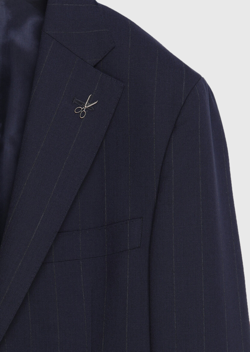 Navy Blue Striped Zeroweight Slim Fit 100% Wool Suit - 8