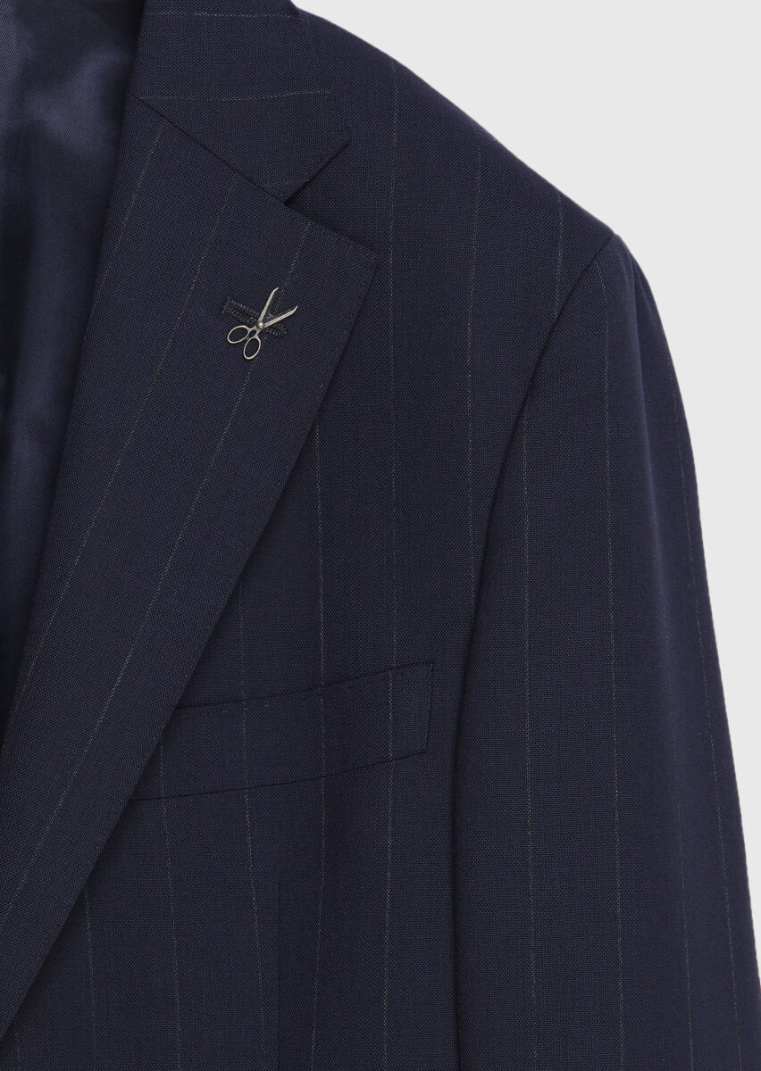 Navy Blue Striped Zeroweight Slim Fit 100% Wool Suit - 8