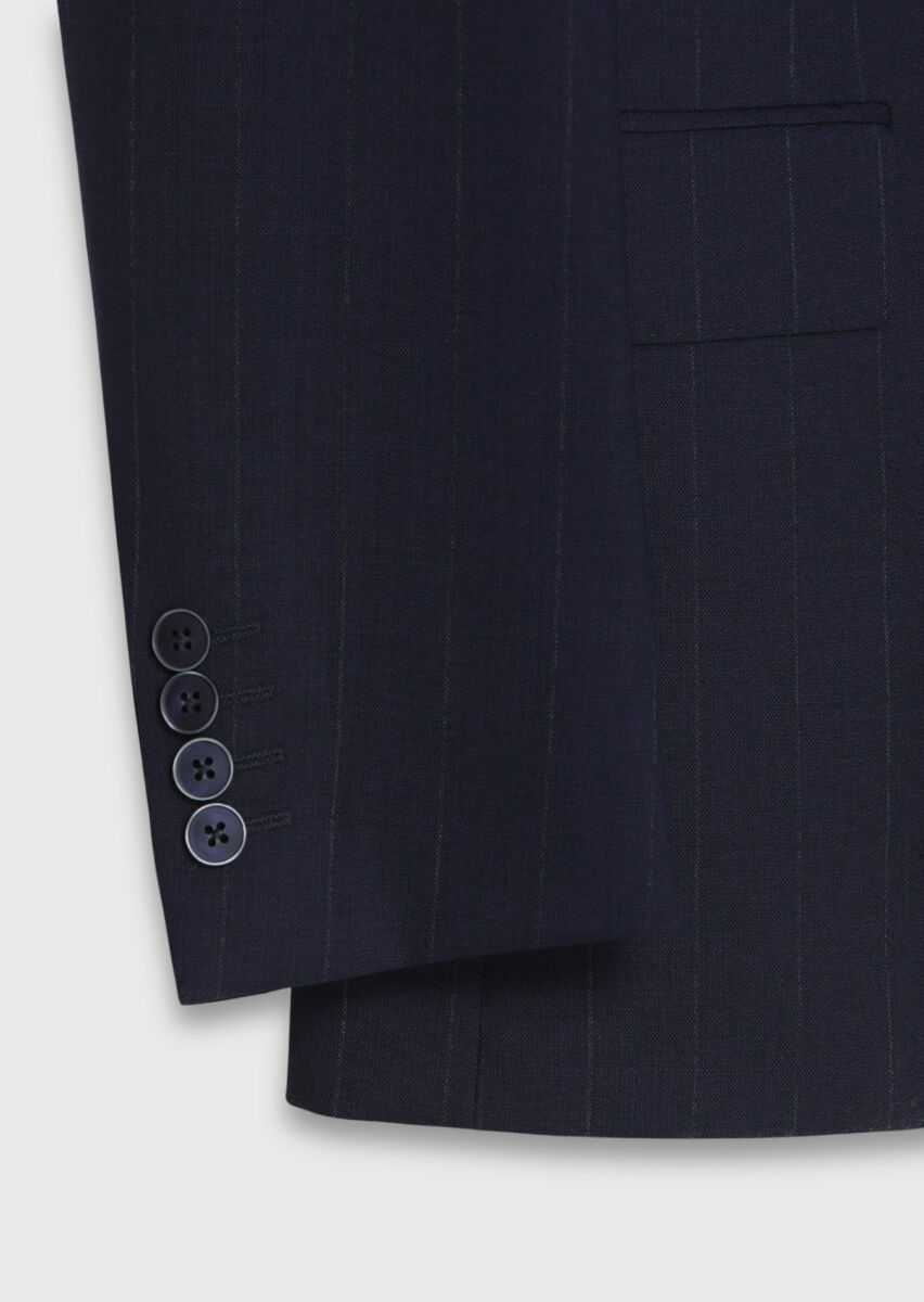 Navy Blue Striped Zeroweight Slim Fit 100% Wool Suit - 9