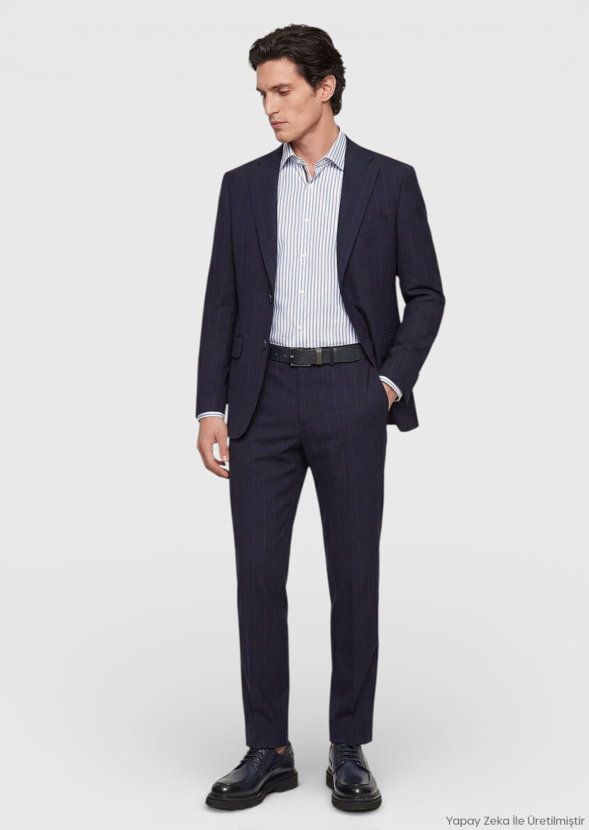 Navy Blue Striped Zeroweight Slim Fit 100% Wool Suit - RAMSEY