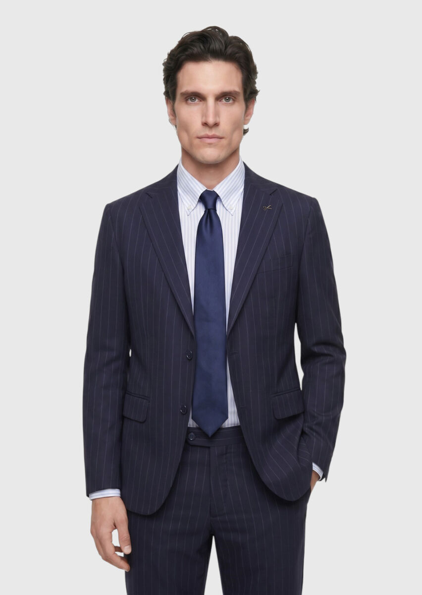 Navy Blue Striped Zeroweight Slim Fit 100% Wool Suit - 2