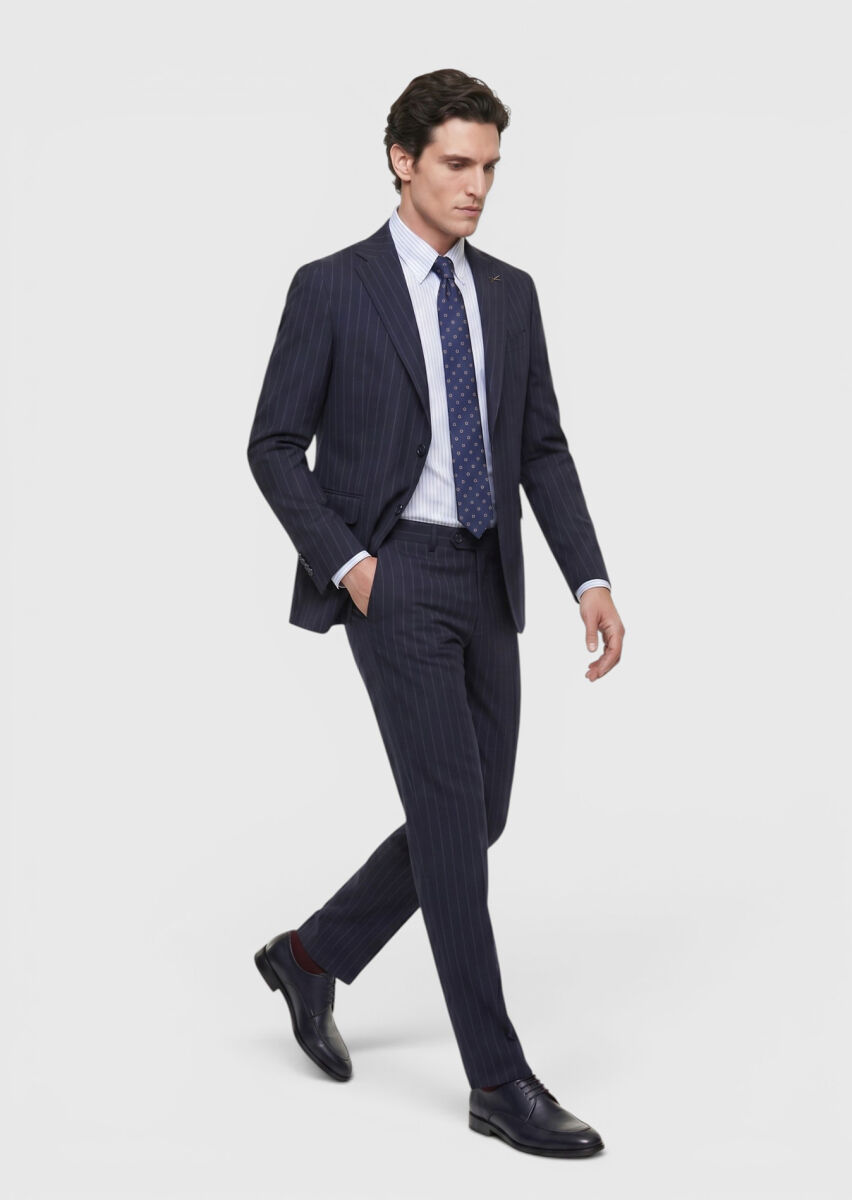Navy Blue Striped Zeroweight Slim Fit 100% Wool Suit - 3