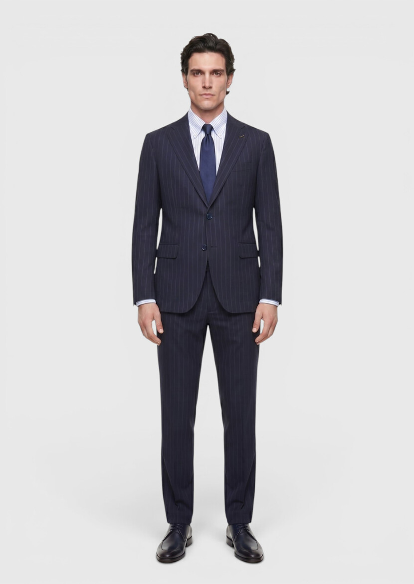 Navy Blue Striped Zeroweight Slim Fit 100% Wool Suit - 4