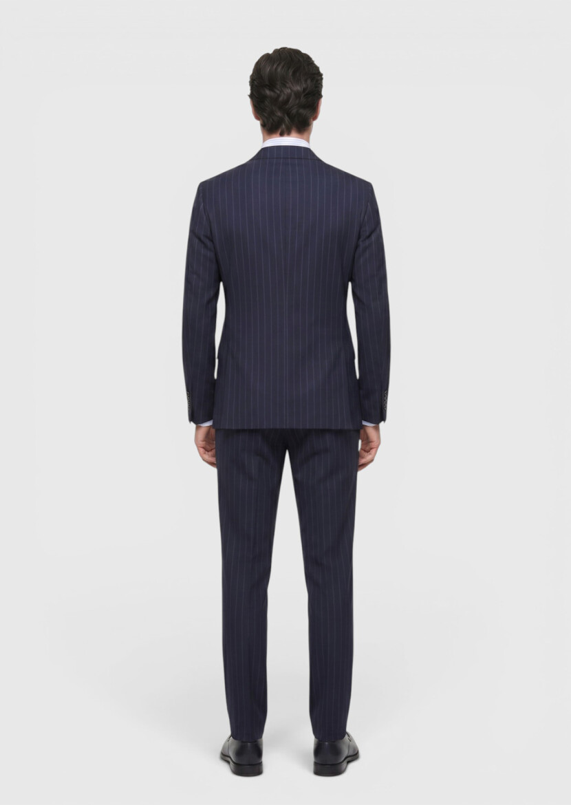 Navy Blue Striped Zeroweight Slim Fit 100% Wool Suit - 5