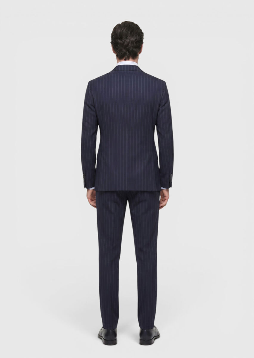 Navy Blue Striped Zeroweight Slim Fit 100% Wool Suit - 5