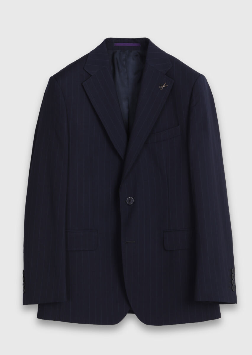 Navy Blue Striped Zeroweight Slim Fit 100% Wool Suit - 6