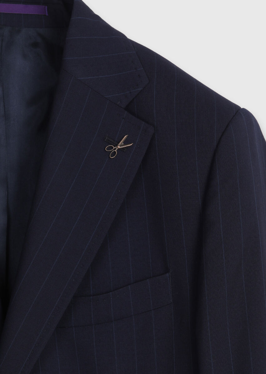 Navy Blue Striped Zeroweight Slim Fit 100% Wool Suit - 8