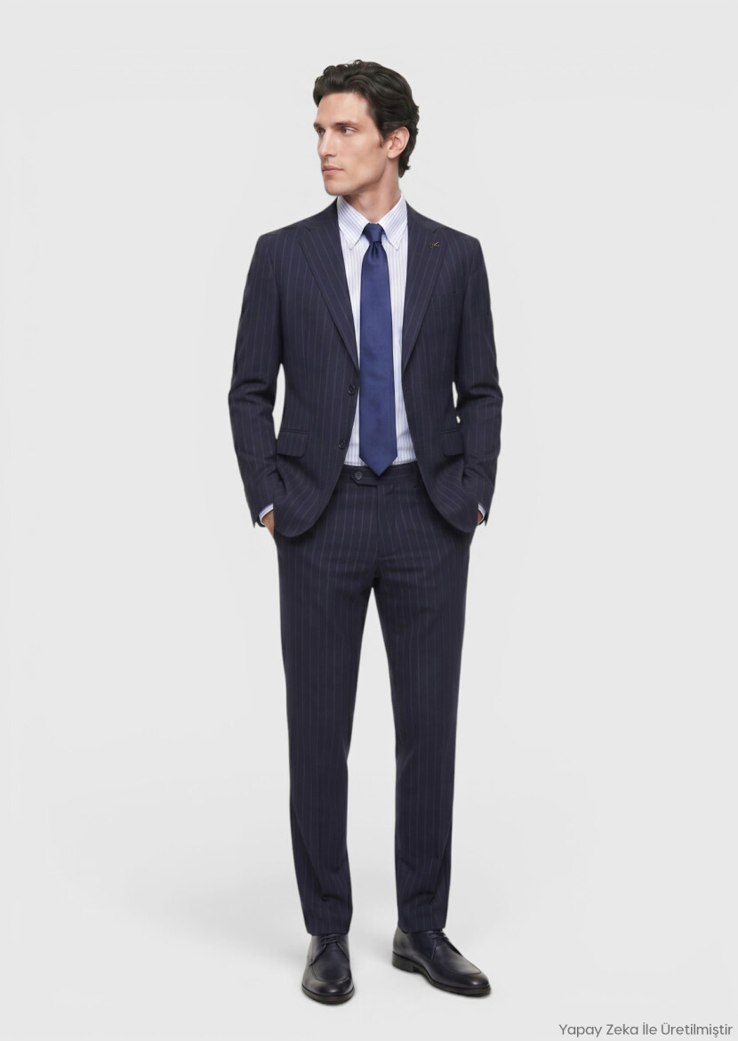 Navy Blue Striped Zeroweight Slim Fit 100% Wool Suit - RAMSEY