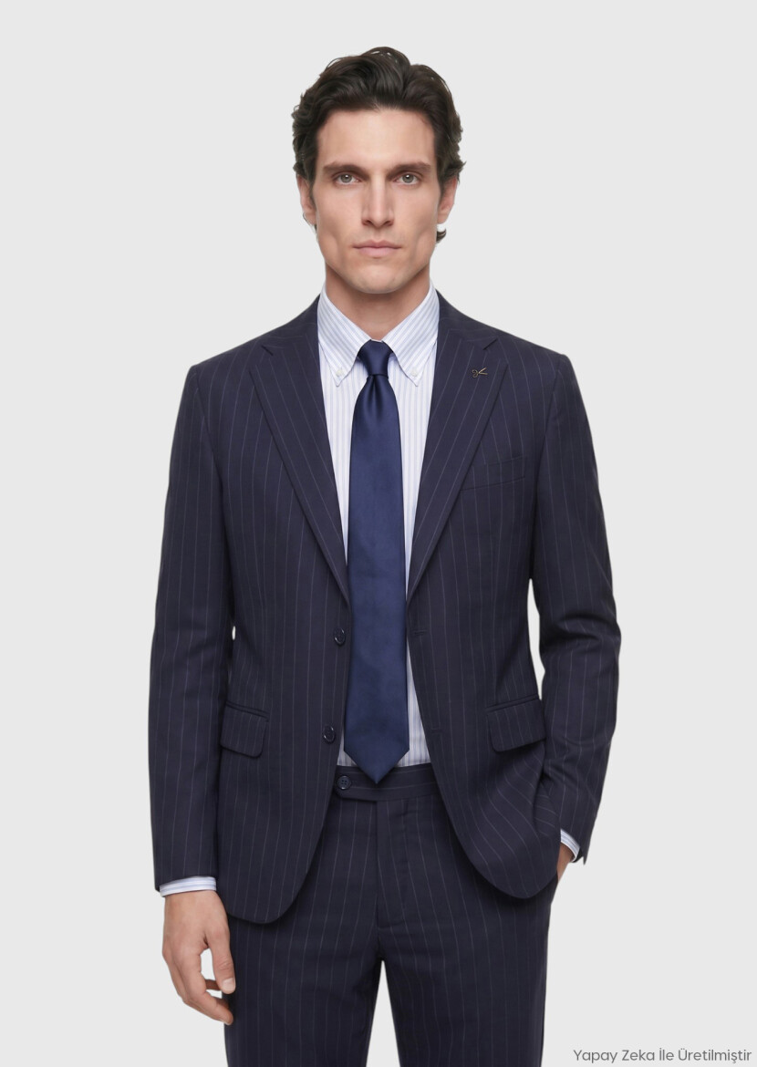 Navy Blue Striped Zeroweight Slim Fit 100% Wool Suit - RAMSEY