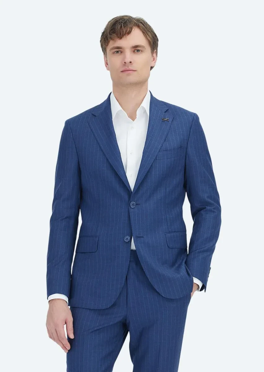 Navy Blue Striped Zeroweight Slim Fit 100% Wool Suit - 2
