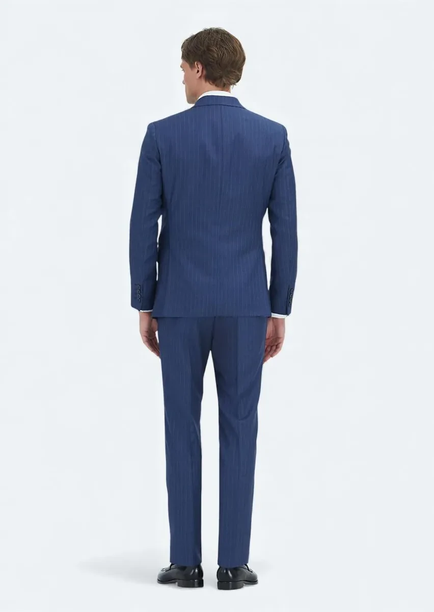 Navy Blue Striped Zeroweight Slim Fit 100% Wool Suit - 6