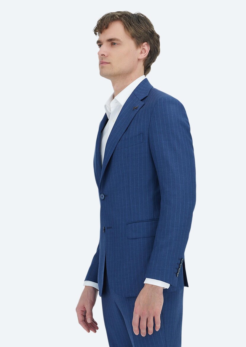 Navy Blue Striped Zeroweight Slim Fit 100% Wool Suit - 3