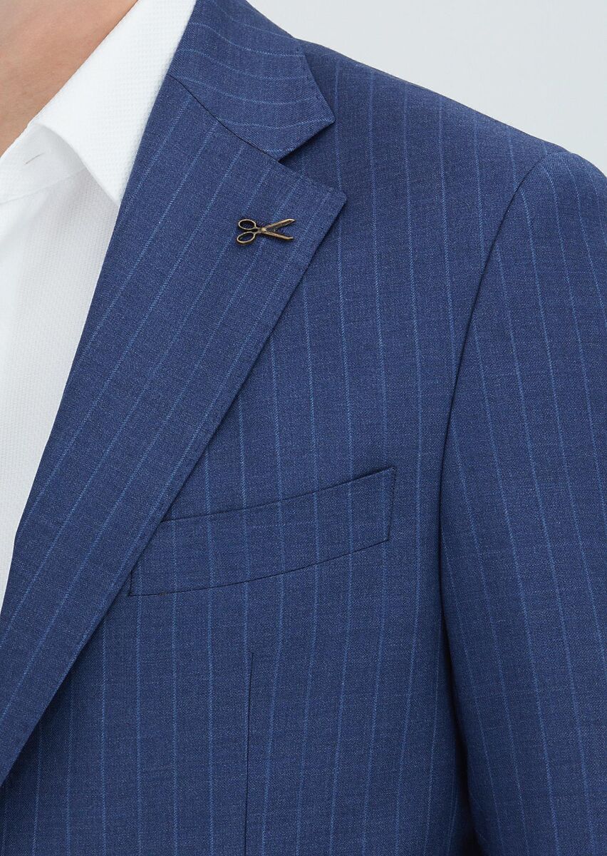 Navy Blue Striped Zeroweight Slim Fit 100% Wool Suit - 4