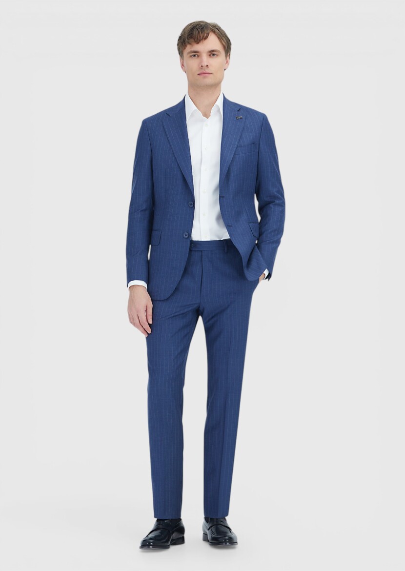 Navy Blue Striped Zeroweight Slim Fit 100% Wool Suit - RAMSEY