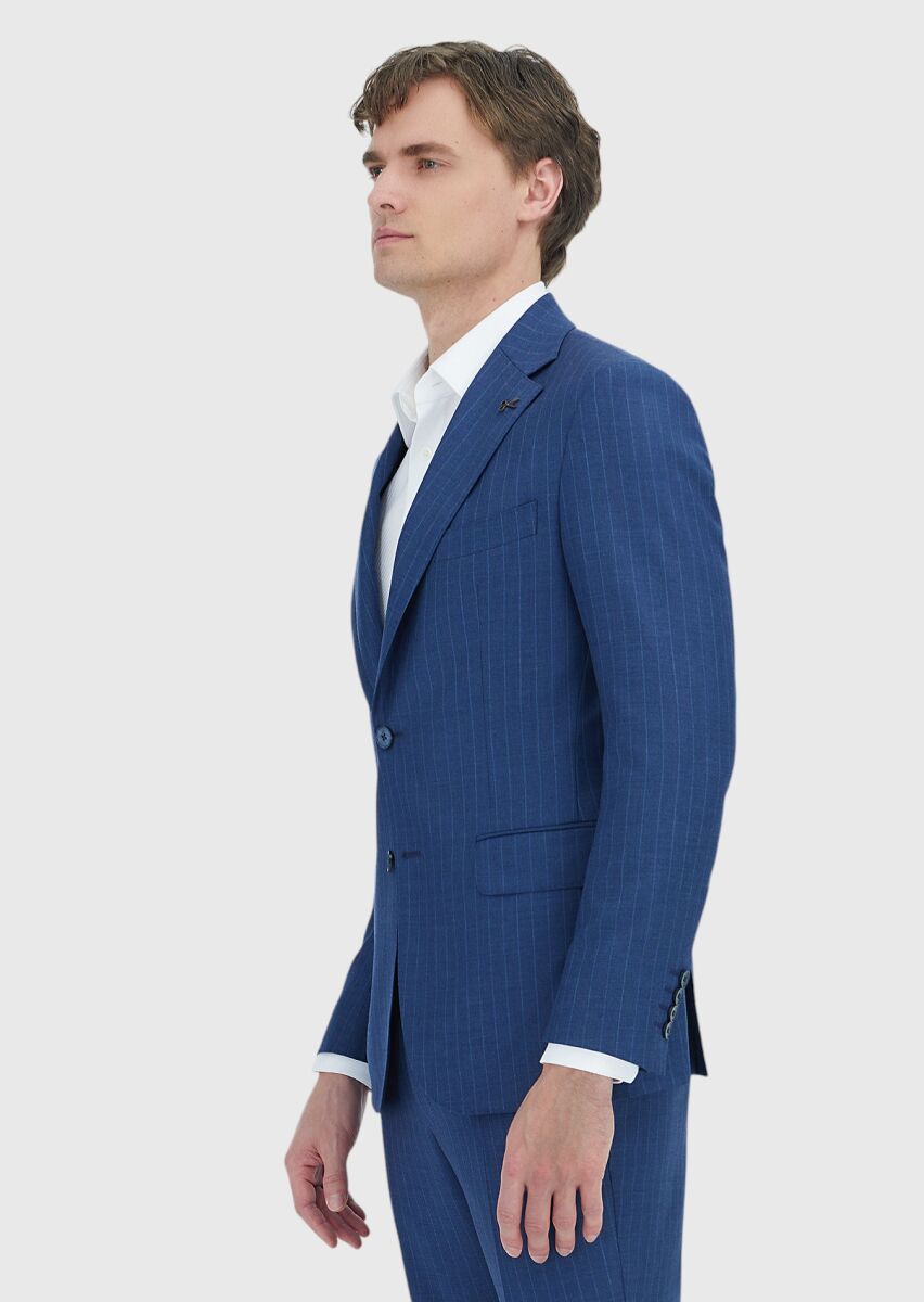 Navy Blue Striped Zeroweight Slim Fit 100% Wool Suit - 3
