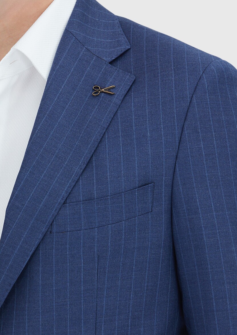 Navy Blue Striped Zeroweight Slim Fit 100% Wool Suit - 4
