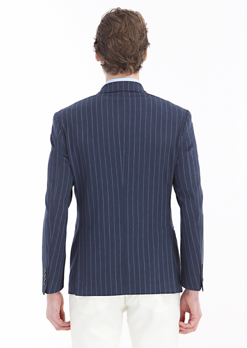 Navy Blue Striped Zeroweight Slim Fit Cotton Blended Jacket - 4
