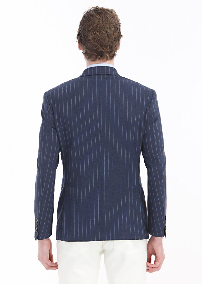 Navy Blue Striped Zeroweight Slim Fit Cotton Blended Jacket - 4