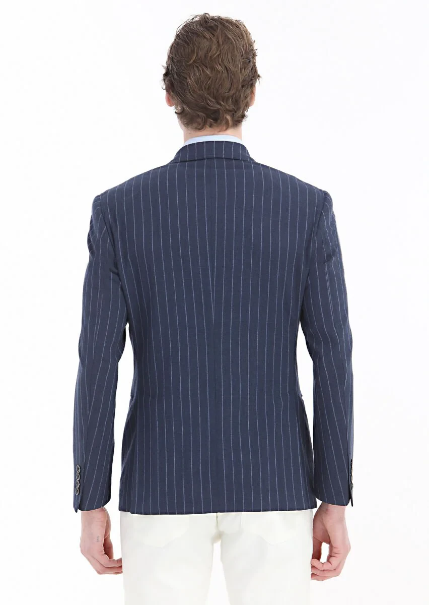 Navy Blue Striped Zeroweight Slim Fit Cotton Blended Jacket - 6