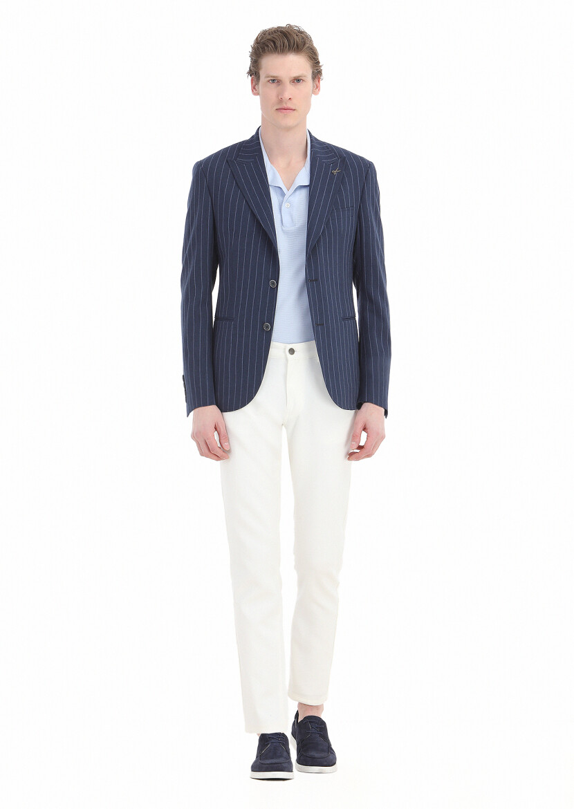 Navy Blue Striped Zeroweight Slim Fit Cotton Blended Jacket 