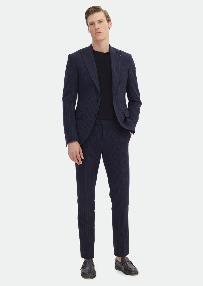 Navy Blue Striped Zeroweight Slim Fit Cotton Blended Suit - 2