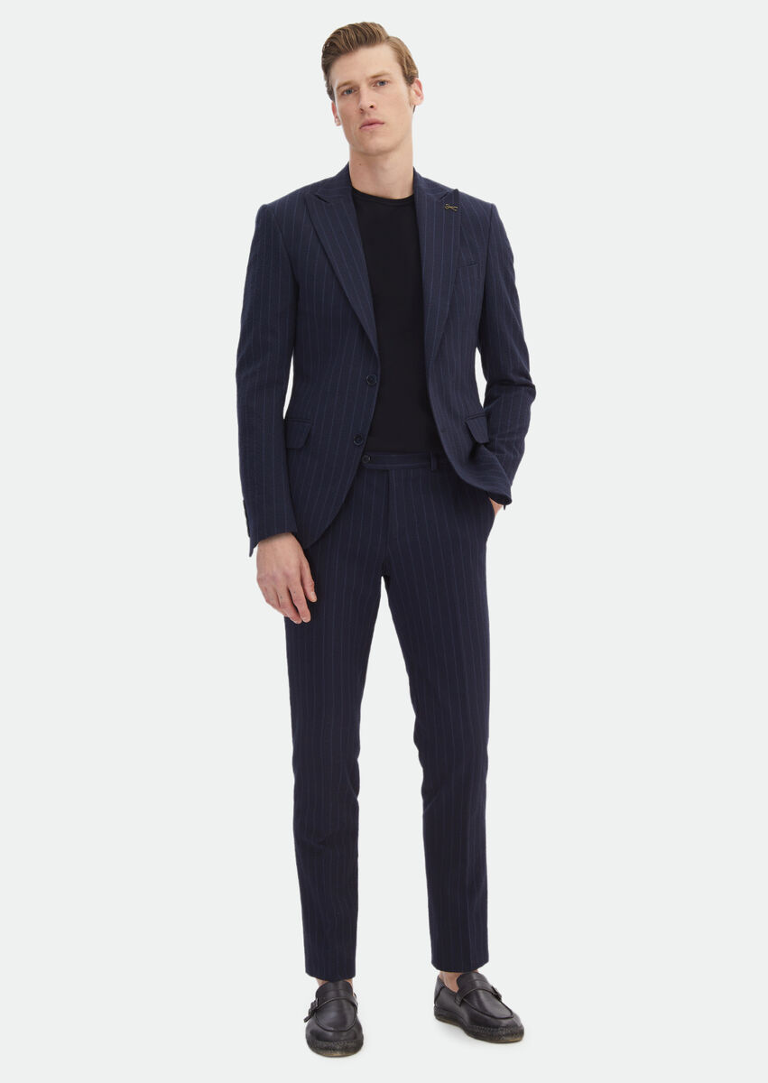 Navy Blue Striped Zeroweight Slim Fit Cotton Blended Suit - 2