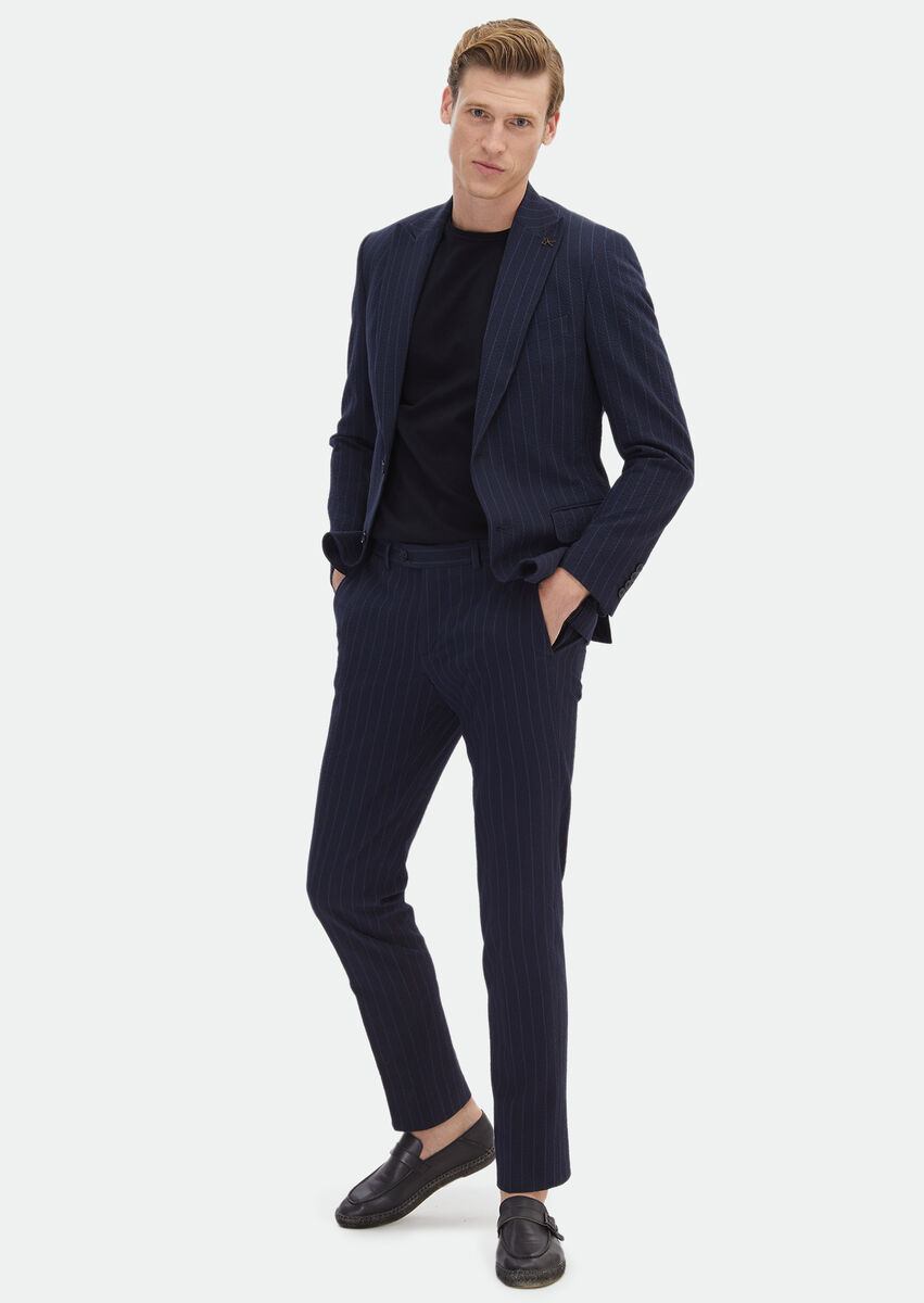 Navy Blue Striped Zeroweight Slim Fit Cotton Blended Suit - 3