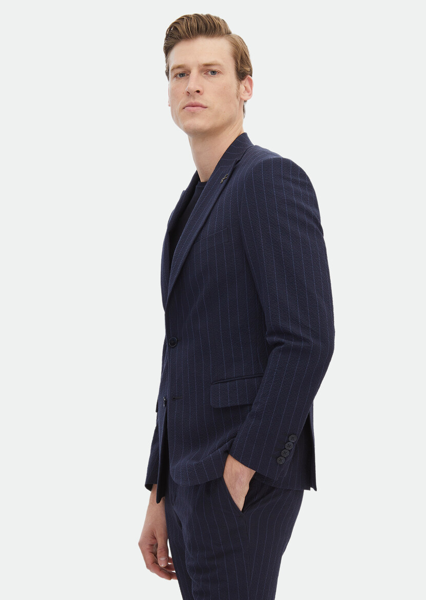 Navy Blue Striped Zeroweight Slim Fit Cotton Blended Suit - 4