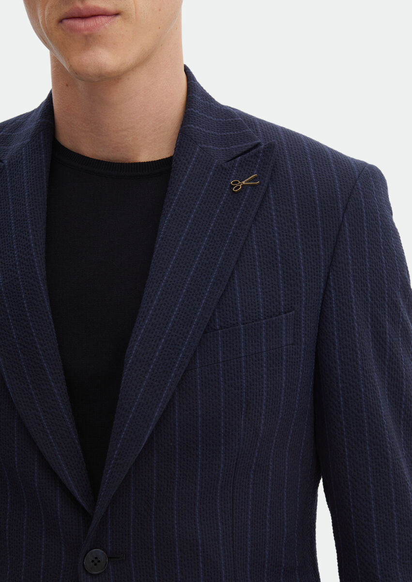 Navy Blue Striped Zeroweight Slim Fit Cotton Blended Suit - 6