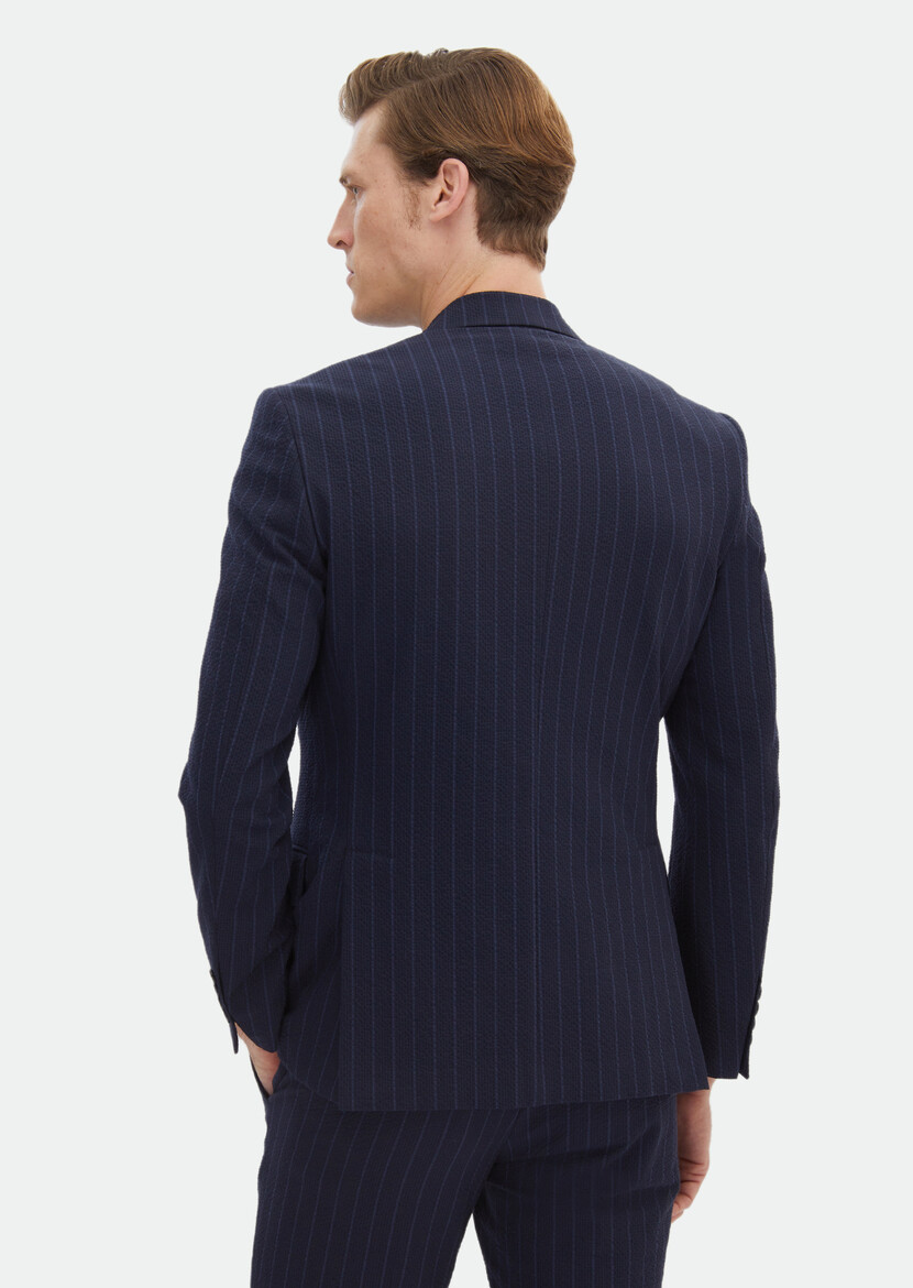 Navy Blue Striped Zeroweight Slim Fit Cotton Blended Suit - 7