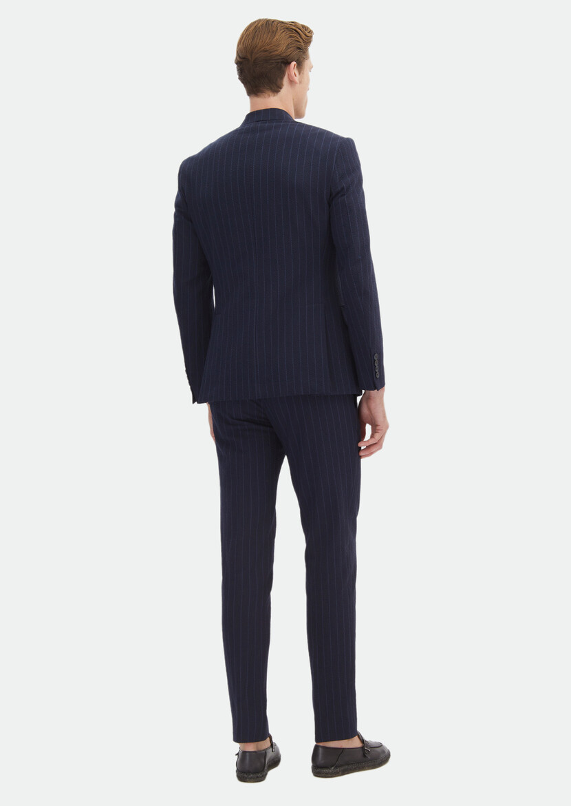 Navy Blue Striped Zeroweight Slim Fit Cotton Blended Suit - 8