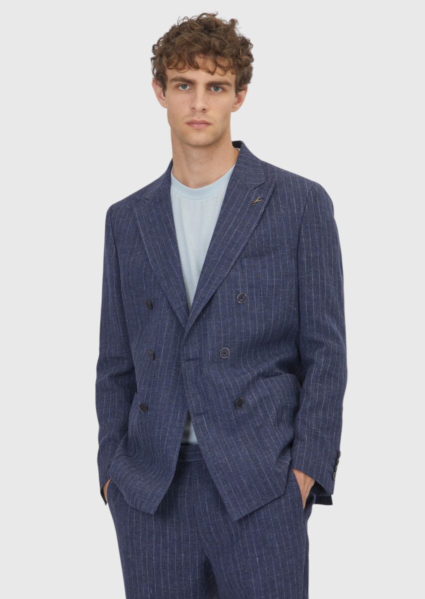 Navy Blue Striped Zeroweight Slim Fit Cotton Blended Suit - 1