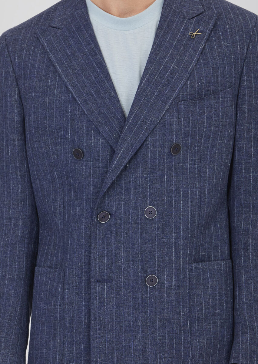 Navy Blue Striped Zeroweight Slim Fit Cotton Blended Suit - 4