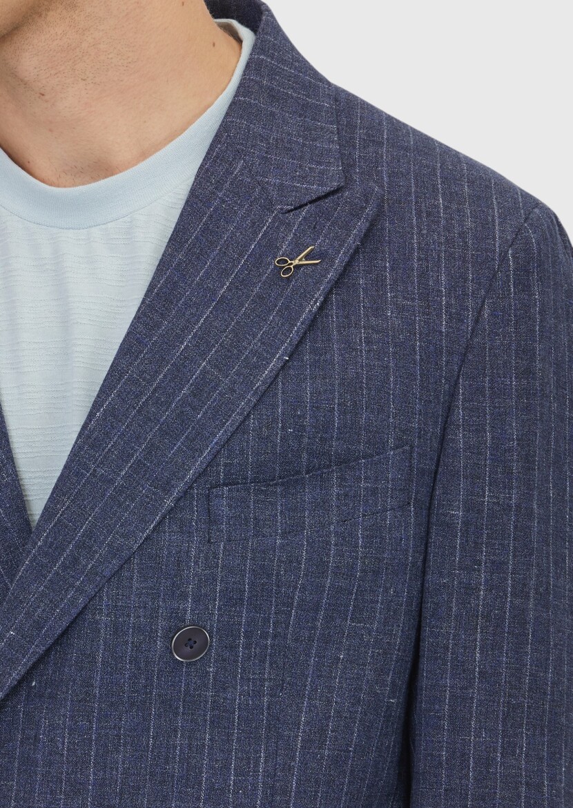 Navy Blue Striped Zeroweight Slim Fit Cotton Blended Suit - 5